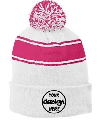 Ink Stitch Custom Logo Texts Stitching Personalized Striped Pom Pom Beanie Hats - Image 1 of 4