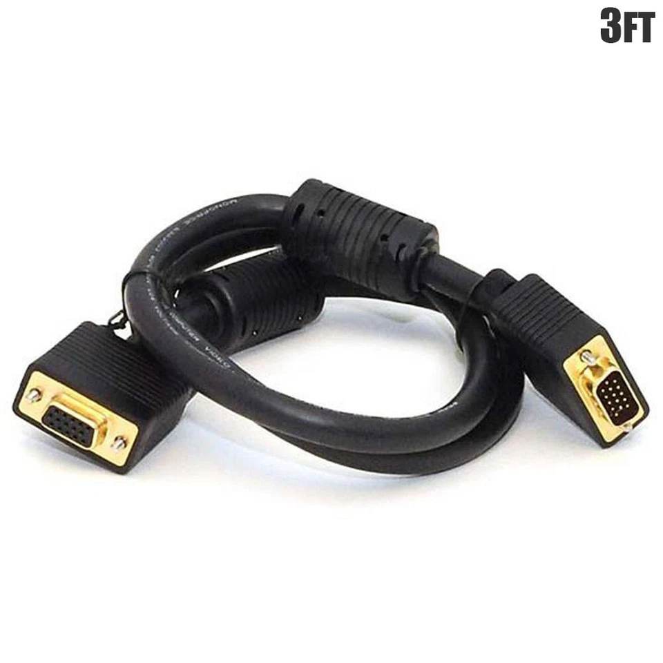 3FT VGA SVGA DB15 HD15 Male to Female Extension Video Cable PC Monitor Gold - Image 1 of 1