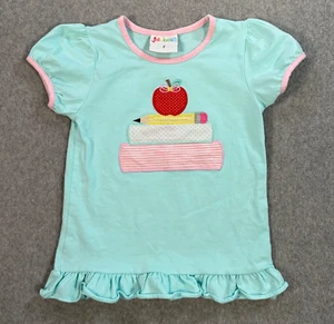Jellybean Book Stack Embroidered Ruffle Shirt Girls 7 Blue Pink Apple School - Picture 1 of 6