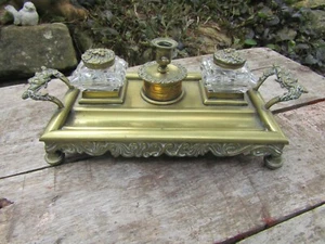 Antique Victorian Brass & Glass Desktop Pen Stand Inkwell Candlestick 1800s - Picture 1 of 10