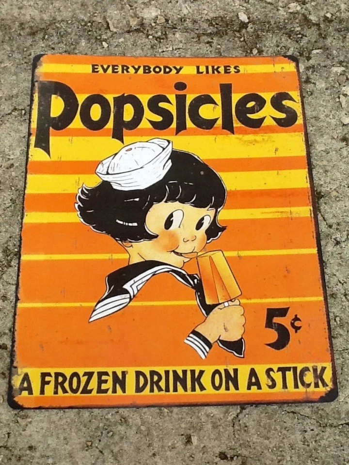 TIN SIGN "Popsicle Girl 5 Cents" Sweets Refreshments  Rustic Wall Decor Vintage - Image 1 of 1