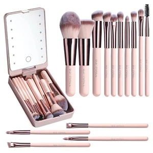 Reise Make-up Pinsel Set mit LED Licht Spiegel und 14 Stück Mini Make-up Pinsel - Rosa - Bild 1 von 7