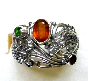 Orange Kyanite, Diopside &  Garnet Dragon Ring / size 8 / 925 Sterling Silver - Picture 1 of 7