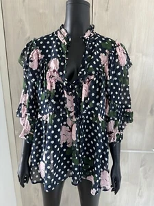 Lee Mathews Polka Dot Floral Silk Blouse Ruffle Size 3 - Picture 1 of 7