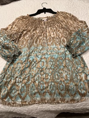 Blusa Chicos Transparente Beige y Verde Azulado Estampado Animal Talla 1 Mezcla Seda Elegante Foto 1 de 4