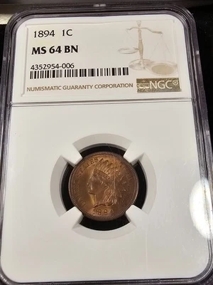 1894 INDIAN HEAD CENT NGC GRADED MS64BN BROWN NICE COIN 1C GOLD GREEN TONED - Image 1 of 4