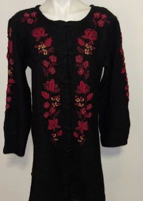 Cárdigan Abrigo Largo Suéter Coldwater Creek 100% Lana Bordado Negro Rojo L Foto 1 de 4