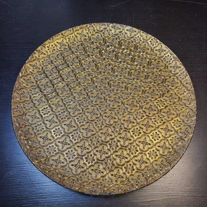 14" Glass Serving Tray Plate - Faux Gold Baroque Floral Decorative Design - Picture 1 of 3