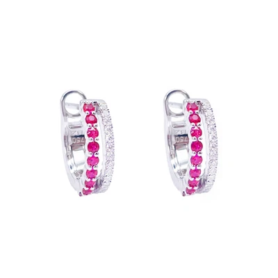 18ct White Gold Natural Diamond & Ruby 0.36ct Hoop Huggies Earrings 9mm Diameter - Image 1 of 4