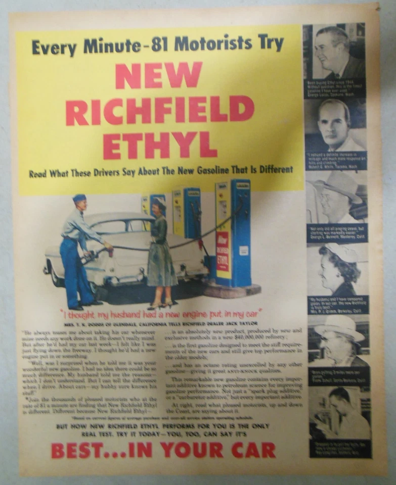 Richfield Gas Ad: New Richfield Ethyl  Gasoline ! from 1955 Size: 11 x 14 inches - Image 1 of 1