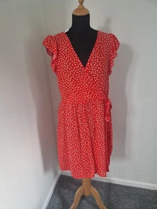 Asda George Size 14 New Red White Polka Dot Spotty Faux Wrap Dress - Picture 1 of 5