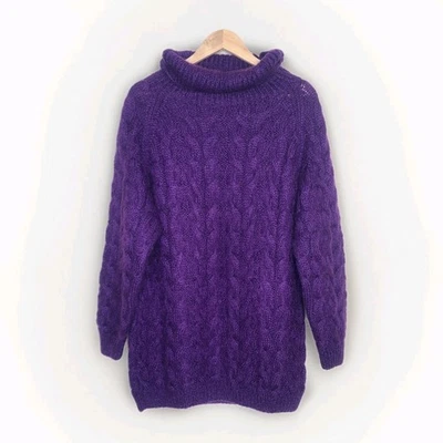 Vtg EXPRESS Sweater Womens Purple Hand Knit Mohair Blend Turtleneck Cable 90s - Image 1 of 4