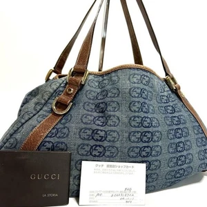 GUCCI Denim Tote Bag Indigo Blue Leather Trim Interlocking Japan F/S USED - Picture 1 of 24