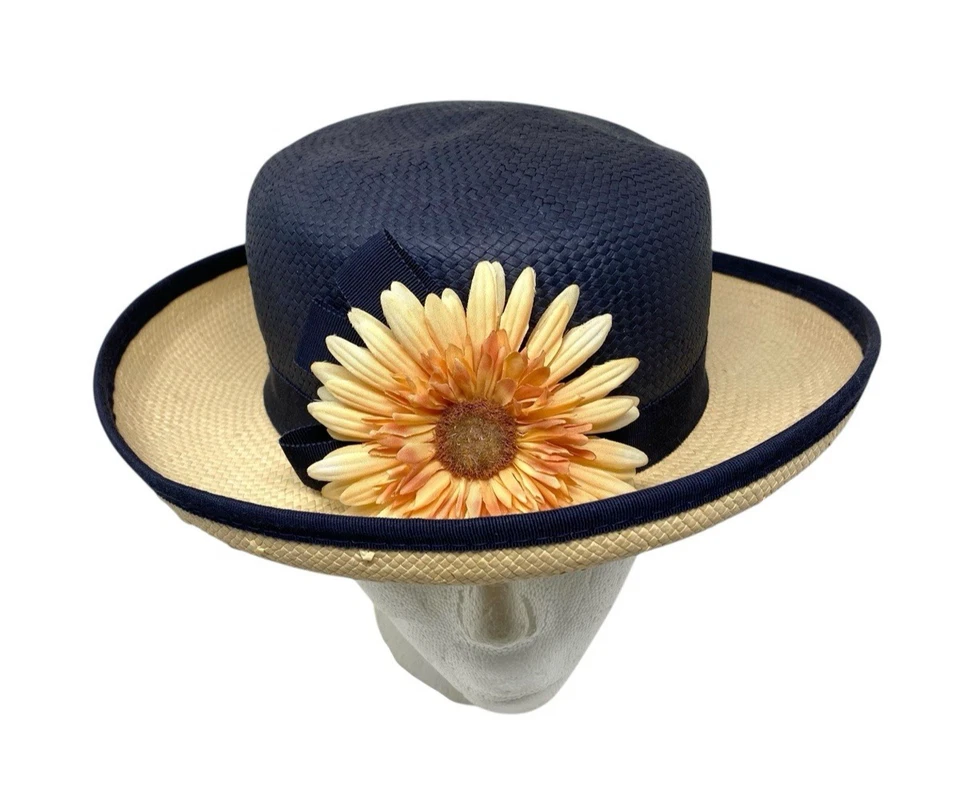 Sombrero de paja girasol clásico vintage TOP THIS INC para mujer años 90 azul marino y arena Foto 1 de 4
