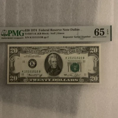 FR#2071-K$20.00 FRN,SER# 15151515 RepeaterSER# PMG65EPQ - Image 1 of 3