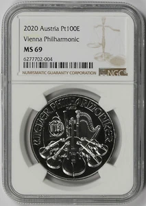 2020 Austria Vienna Philharmonic 1 oz Platinum 100 Euro Pt100E MS 69 NGC 11/0 - Picture 1 of 4