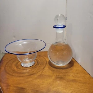 HandBlown Blue Rim Bowl And Bourbon Decanter  - Picture 1 of 22