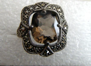 ๐ STERLING SILVER VINTAGE THAILAND MARCASITE RING SZ 7 AMBER GEMSTONE NTD 3PT8 - Picture 1 of 6