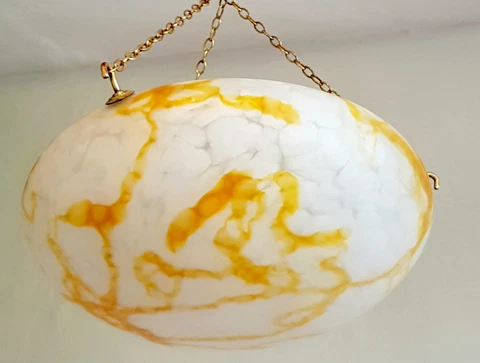 Art Deco Large Amber/White Glass Flycatcher Bowl Light Shade Hooks & Chains Cover