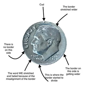 1985 D Roosevelt Dime with Cud and Misalignment Error - Picture 1 of 3