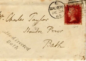 Cubierta GB SOM DÍA DE NAVIDAD 1869 *Mal dirigida/baño* Bristol Malvern 1d Rojo MZ336 - Imagen 1 de 6