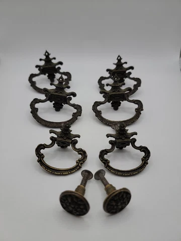 Antique 1920s Brass Cabinet Drawer Hardware. Eight Pieces. Six Pulls. Two Knobs Cover
