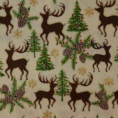 Christmas Reindeer Cotton Fabric Pine Cones Glitter Defect Edge BY THE YARD 54 W - Image 1 of 4