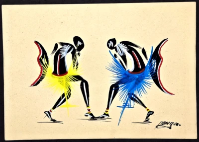 Pintura artística africana firmada original de bailarines tribales kenianos mediados de siglo 2 bailarines Foto 1 de 4