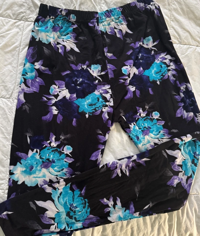 Leggings elásticas Agnes Dora macias preto roxo flores azul-petróleo tamanho único - Imagem 1 de 1