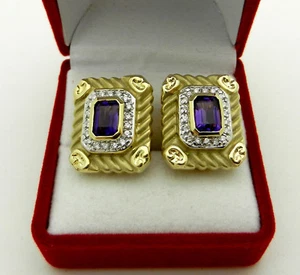 Solid 14k Yellow Gold Amethyst Earrings & Diamond Accent w/ OMEGA Back 13.9 gr - Picture 1 of 12