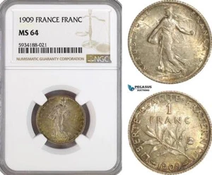 AG489, France, Third Republic, 1 Franc 1909, Paris, Silver, NGC MS64 - Picture 1 of 1