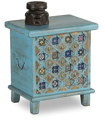 Indian hand Carved Trunk / Storage Chest with Ceramic Tile and Brass Fitting - Image 1 of 4