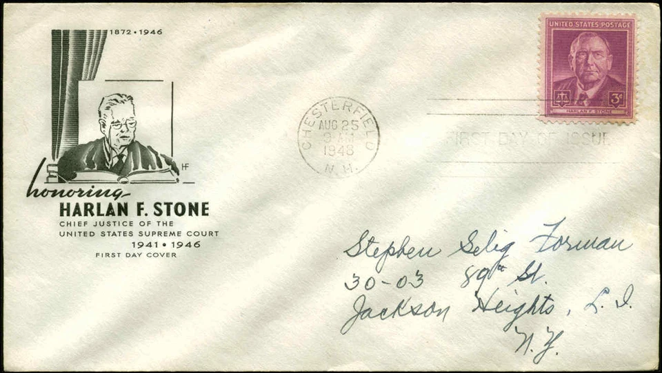 U.S. FDC #965 House of Farnam Cachet Chesterfield, NH  Harlan Stone - Image 1 of 1