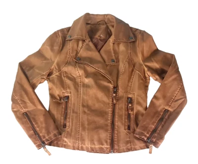 New Max Studio Jacket Womens Small Brown Faux Leather Distressed Moto Western - Image 1 of 4