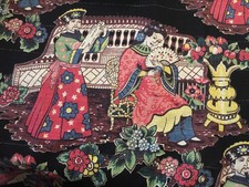 Vtg 2 pr Barkcloth Fabric Curtains Drapes Asian Romantic Courting Couple