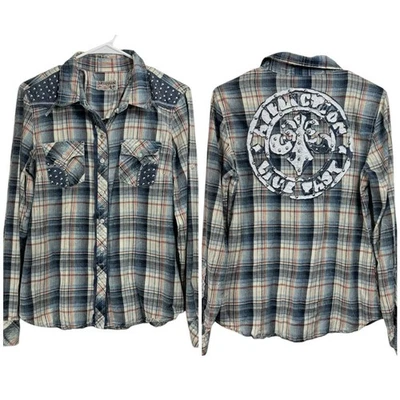 Camisa Affliction Talla Pequeña A Cuadros Manga Larga Western Grunge Tachonada Logo Botón Foto 1 de 4