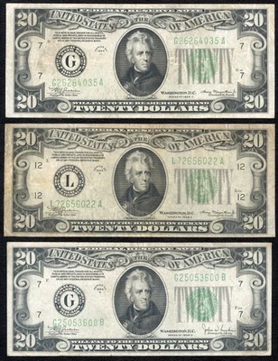 Lot of 3x 1934 $20 Twenty Dollar Federal Reserve Notes Chicago & San Francisco - Image 1 of 3