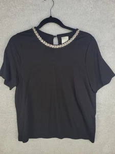 Joie elegante Bluse Damen L schwarz Kurzarm Oberteil Perlen verzierter Ausschnitt - Bild 1 von 7