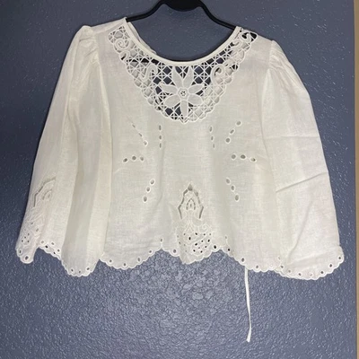 H&M Blouse Embroidered Lace Trimmed White Womens Medium Peasant Cottagecore - Image 1 of 4