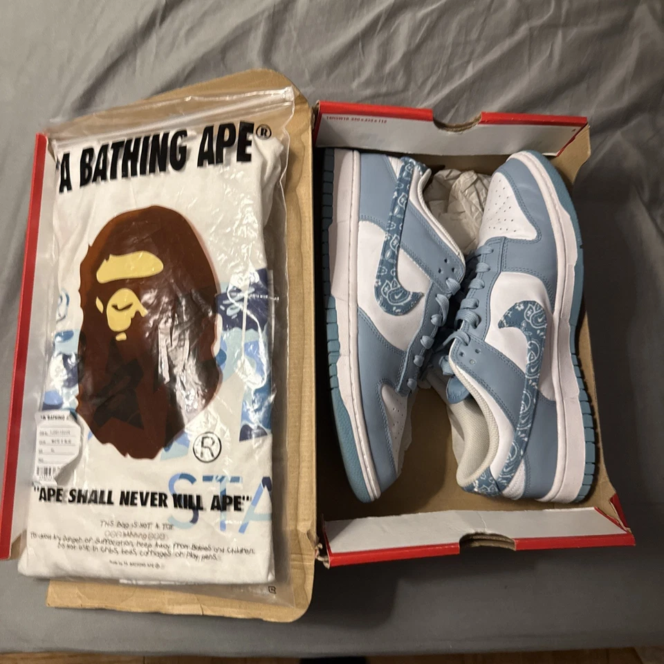 Nike Dunk Low Azul Paisley + BAPE Hombre Camiseta 1er Patrón Camuflaje Lote De 2 Foto 1 de 4