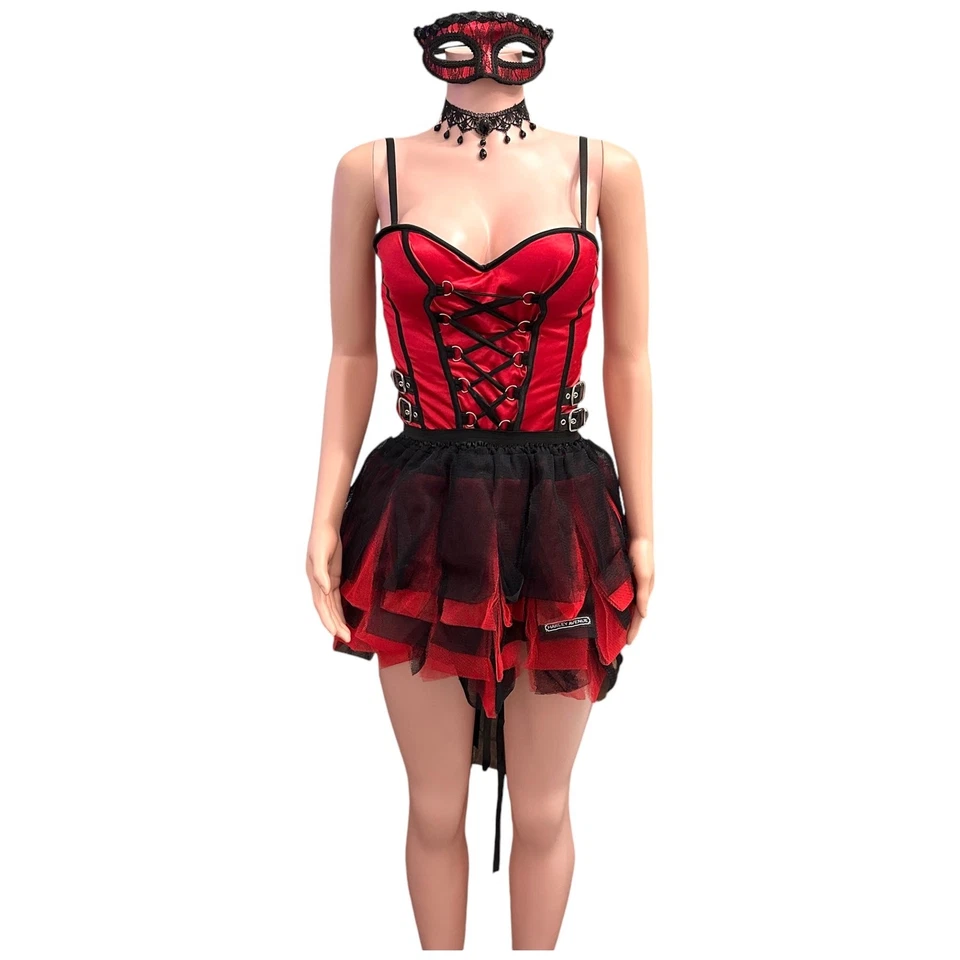 Sexy Disfraz Burlesco 3 Piezas Rojo Negro Corsé Tutú Encaje Máscara Mascarada Mediana Foto 1 de 4