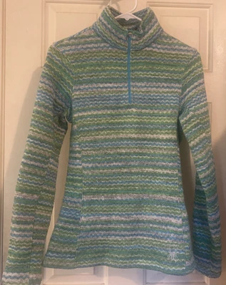 Suéter Spyder Feminino Tamanho 10 Verde Listrado Malha Decote Simulado Manga Longa 1/4 Zíper - Imagem 1 de 4