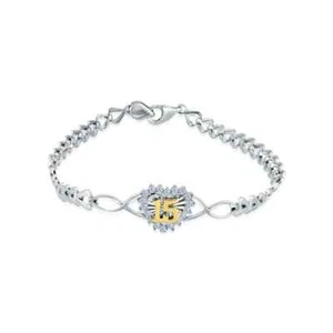Sterling Silver 925 Diamond Cut Quincinera Heart Clear CZ Bracelet - Picture 1 of 2