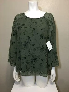 Kensie Women's Green Black Blouse Floral Boho Sheer $69 Wide Sleeve - Picture 1 of 8