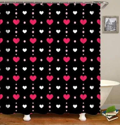 Pink Black Heart-Shaped Shower Curtain 72x72" Ornament Pattern with 12 Hooks - Image 1 of 4
