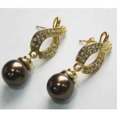 Pendientes de perlas redondas de 12 mm enchapados en oro circonita cúbica joyería de moda regalos Foto 1 de 4