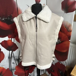 Faux Leather Gilet Uk 12-14 L Biker Warm Fur Beige Off White Bnwt - Picture 1 of 7