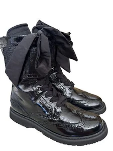 Prada Authentic Black Patent Leather Combat Boots Zip Lace Up Bow Sz 37 US 7 - Picture 1 of 12