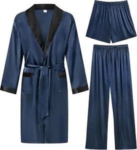 Men's 3-Piece Silk Satin Sleepwear Set Robe Shorts and Pants Lightweight Soft - Picture 1 of 21