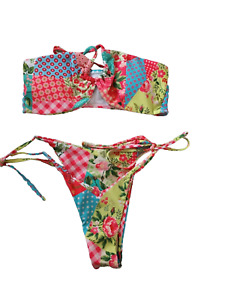 Shein Multicoloured Floral Tie Side Halterneck Bandeau Bikini Brief Set UK Small
